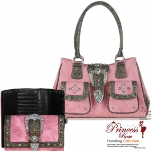 Combo!! Designer Inspired Crocodile Skin Handbag w/ Fold Over Belt And Rhinestone Accent with matching Wallet.